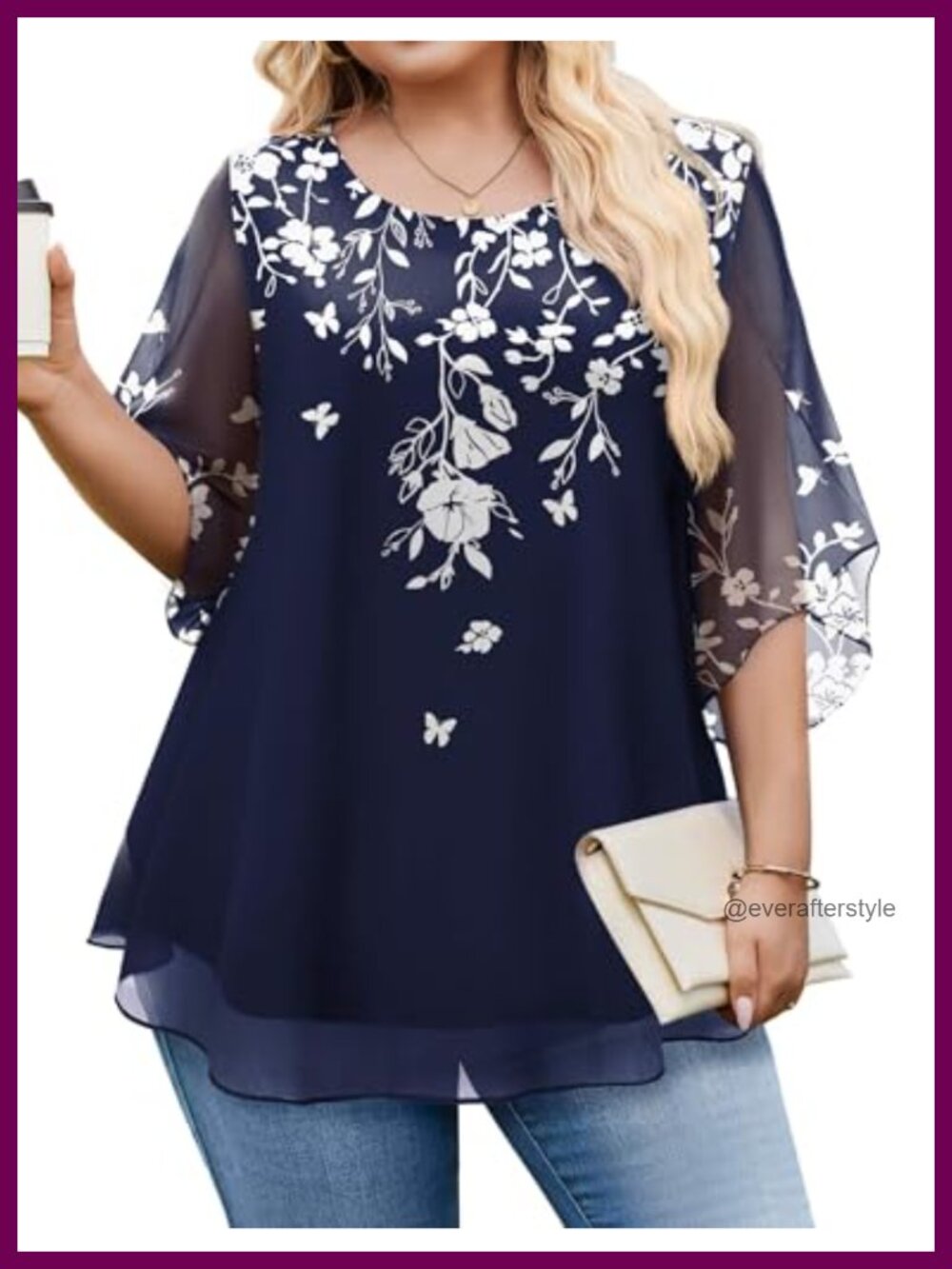 Plus Size 3/4 Ruffle Sleeve Double Layer Mesh Blouse Loose Fit Dressy Top